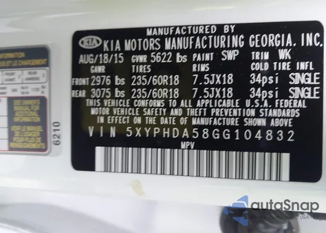 2016 Kia Sorento 3.3L Ex z USA, uszkodzony, nr VIN 5XYPHDA58GG104832